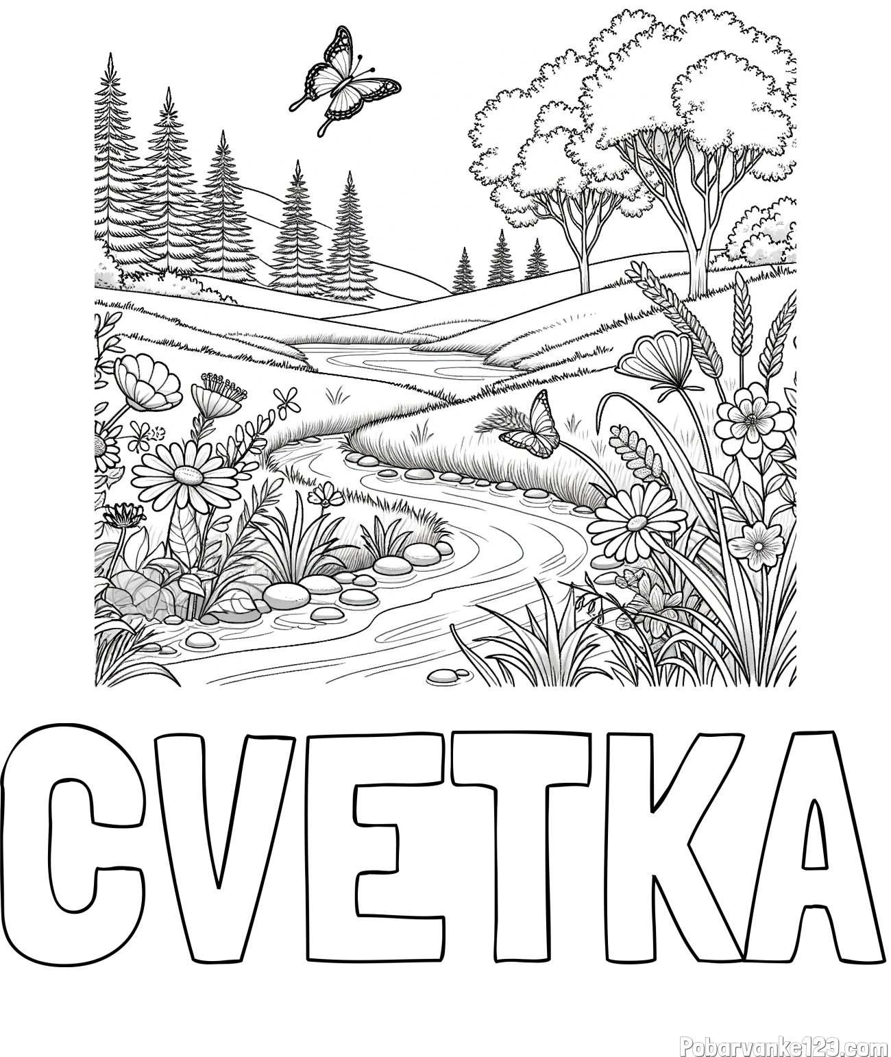 Pobarvanka imena CVETKA in pobarvanka cvetoče narave