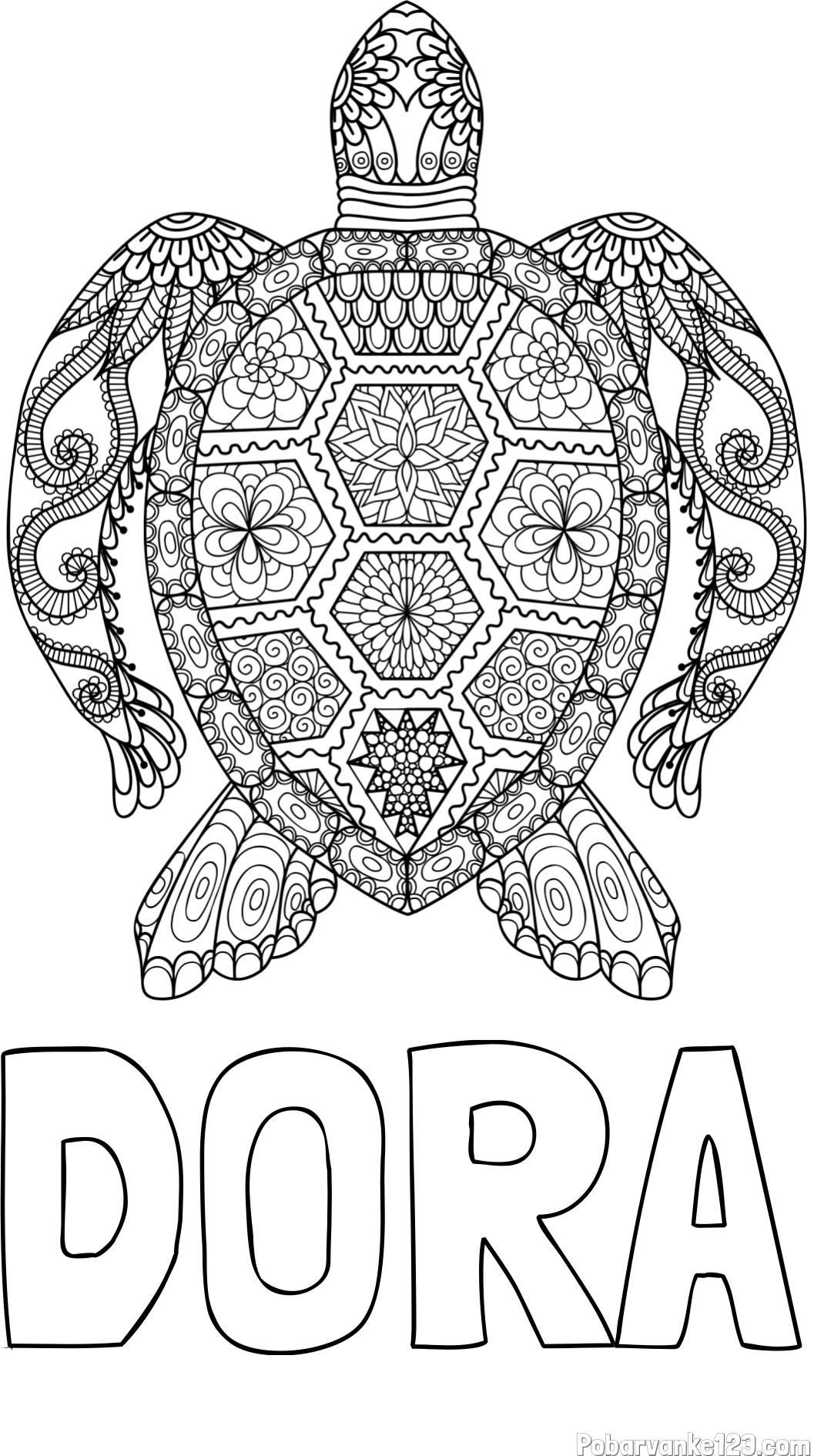 Pobarvanka imena DORA in pobarvanka želve - mandale