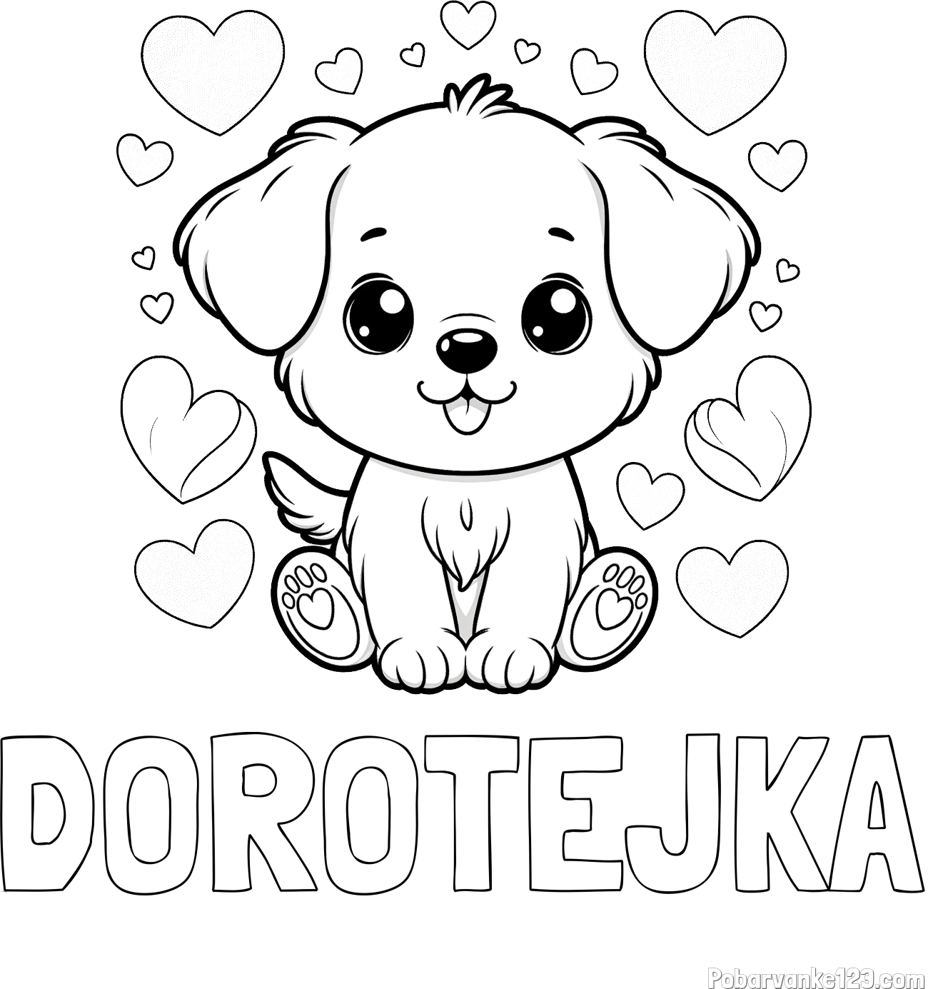 Pobarvanka imena DOROTEJKA in pobarvanka ljubkega kužka obdanega s srčki