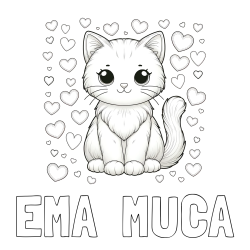 Online izdelana pobarvanka - Pobarvanka imena EMA - MUCA in pobarvanka ljubke mucke obdane s srčki