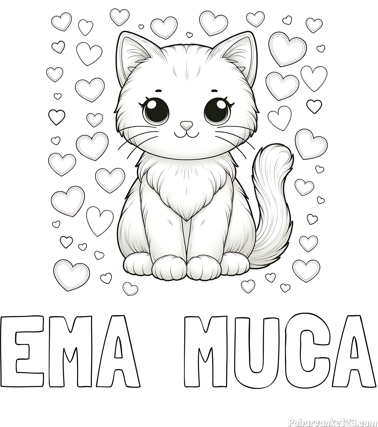 Pobarvanka imena EMA - MUCA in pobarvanka ljubke mucke obdane s srčki