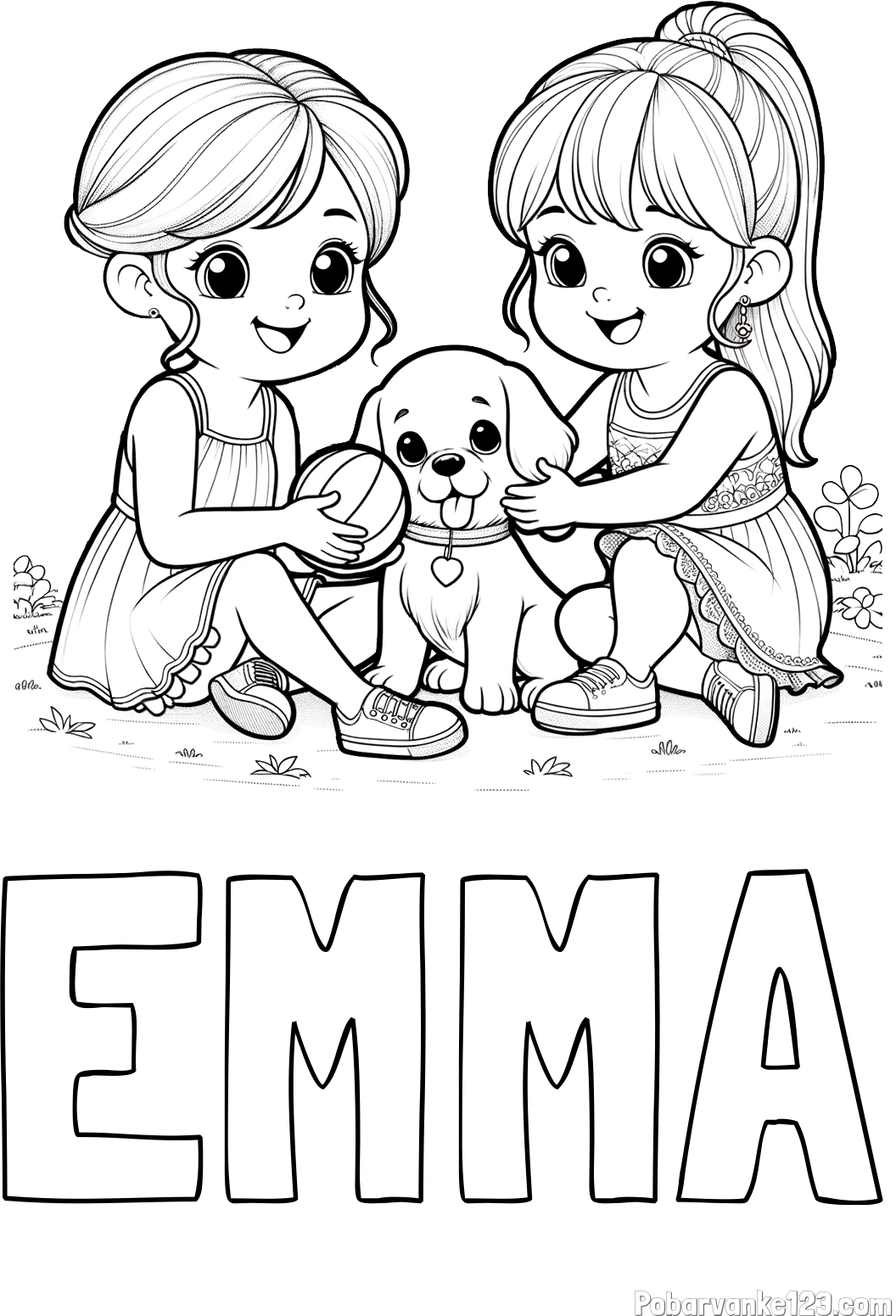 Pobarvanka imena EMMA in pobarvanka prijateljic s kužkom