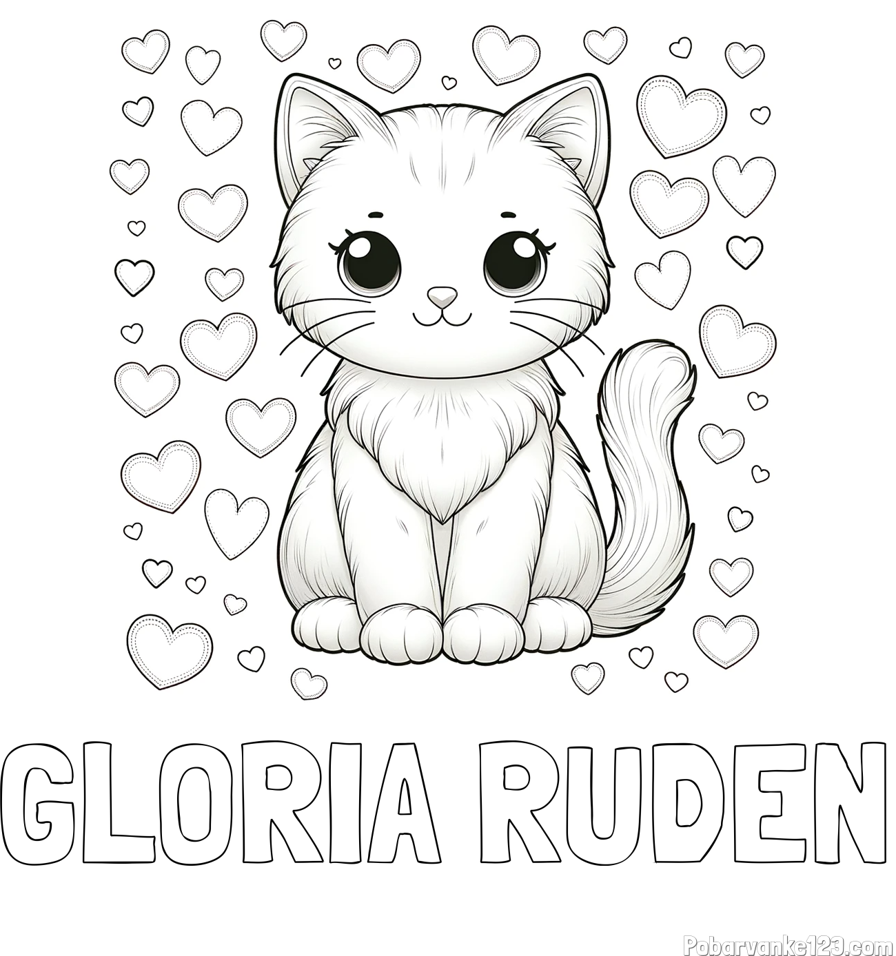 Pobarvanka imena GLORIA RUDEN in pobarvanka ljubke mucke obdane s srčki