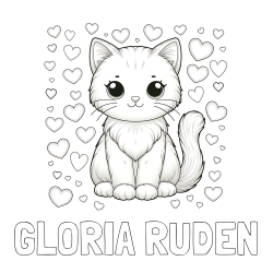 Online izdelana pobarvanka - Pobarvanka imena GLORIA RUDEN in pobarvanka ljubke mucke obdane s srčki