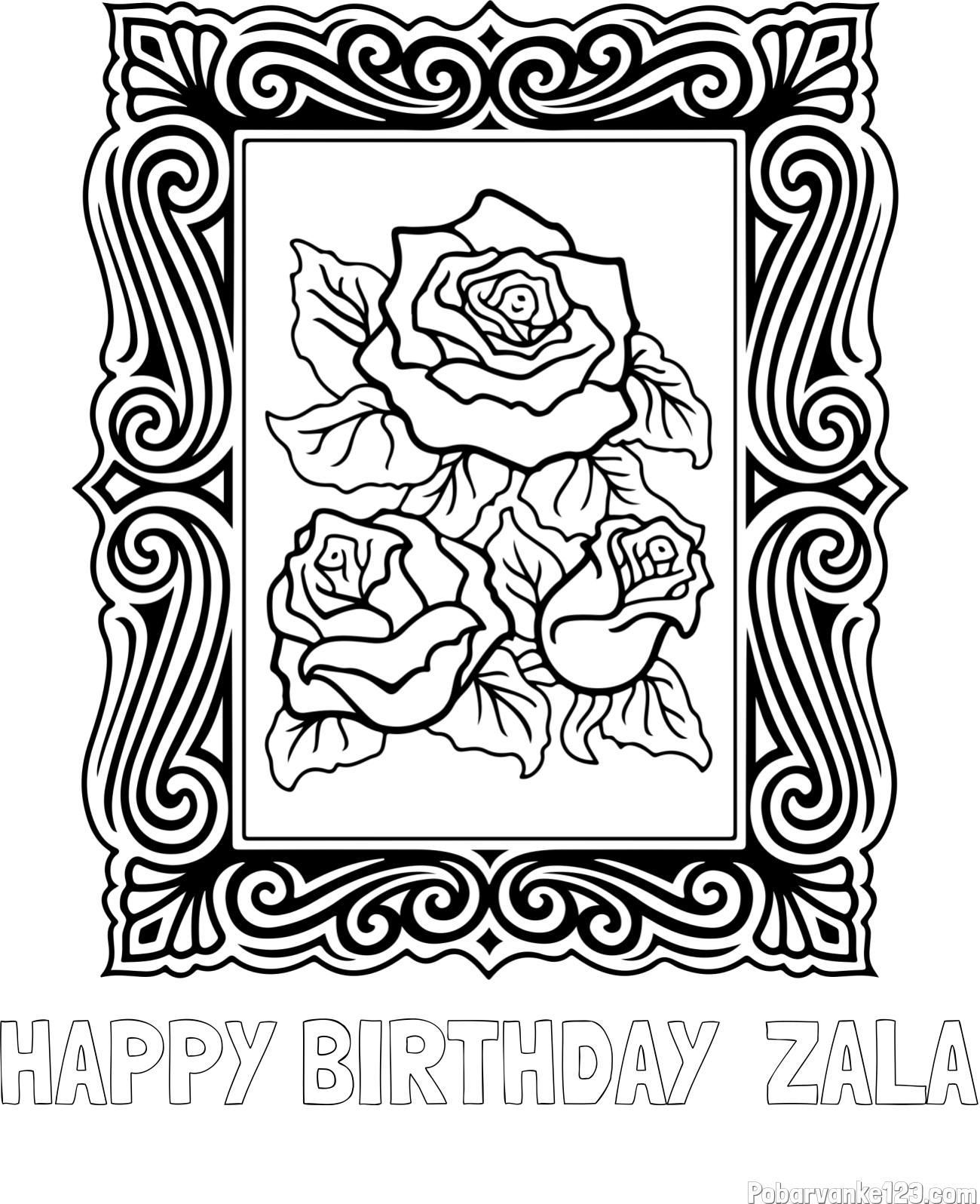 Pobarvanka imena HAPPY BIRTHDAY  ZALA in pobarvanka  uokvirjene slike vrtnic