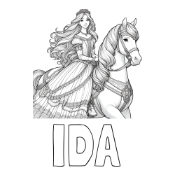 Pobarvanka imena IDA in pobarvanka nasmejana princese na konju