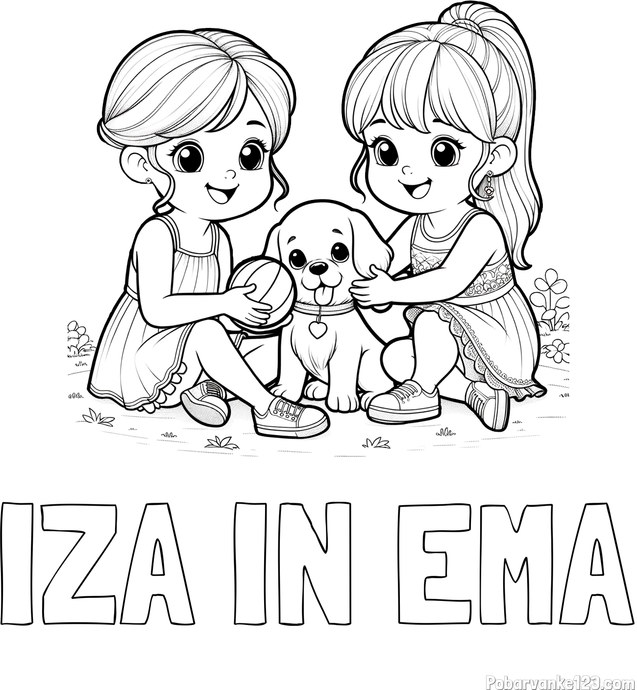 Pobarvanka imena IZA IN EMA in pobarvanka prijateljic s kužkom