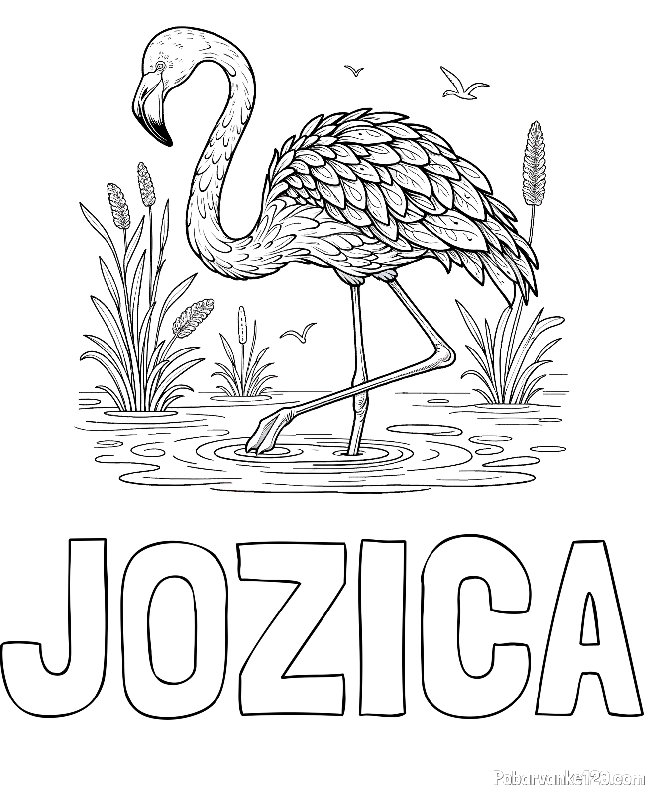 Pobarvanka imena JOŽICA in pobarvanka flaminga v močvirju