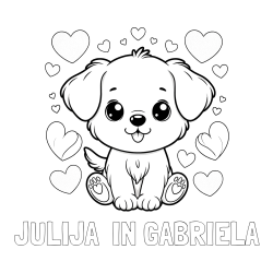 Online izdelana pobarvanka - Pobarvanka imena JULIJA  IN GABRIELA in pobarvanka ljubkega kužka obdanega s srčki