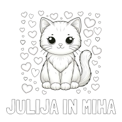 Pobarvanka imena JULIJA IN MIHA in pobarvanka ljubke mucke obdane s srčki