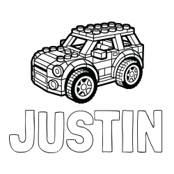 Pobarvanka imena JUSTIN in pobarvanka avtomobila sestavljenega iz LEGO kock