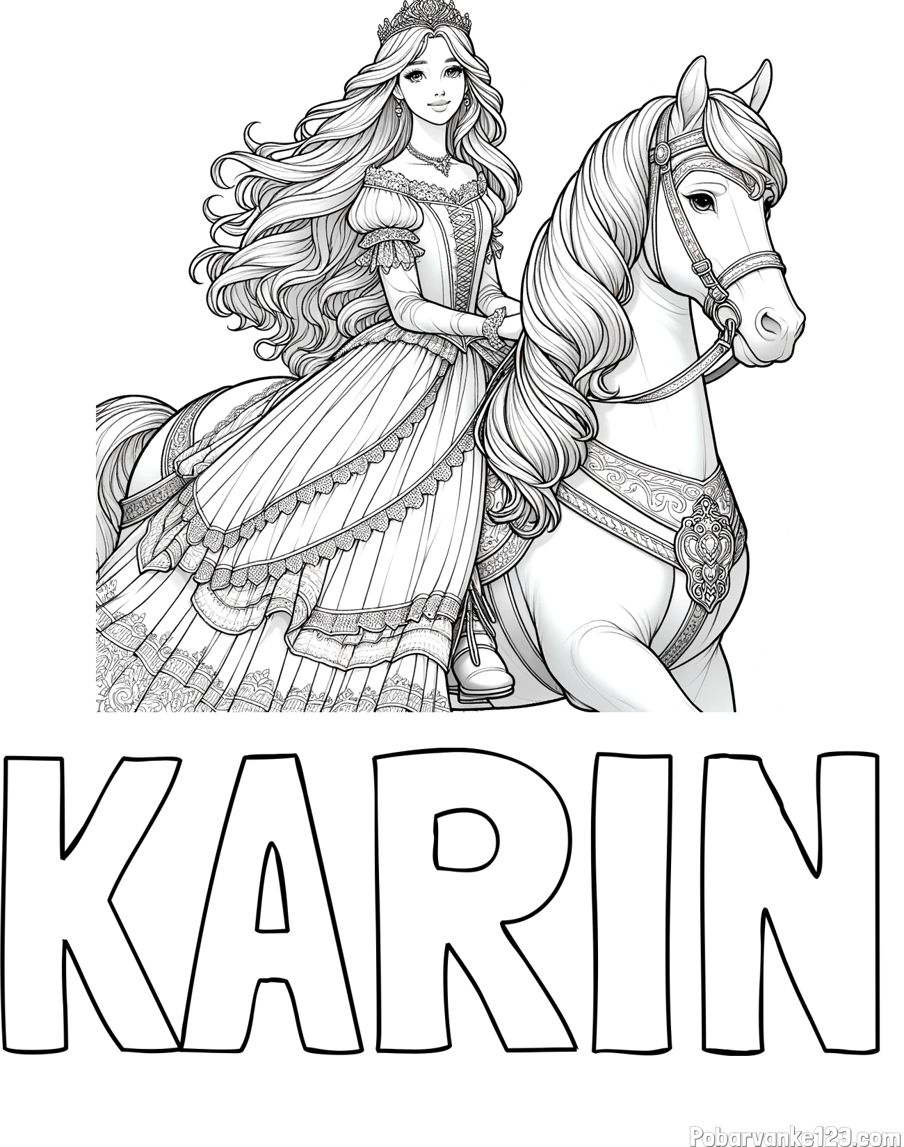 Pobarvanka imena KARIN in pobarvanka nasmejana princese na konju