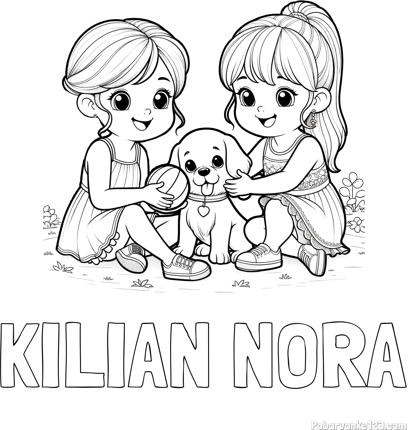 Pobarvanka imena KILIAN NORA in pobarvanka prijateljic s kužkom