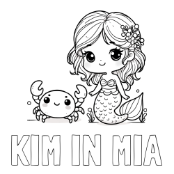 Online izdelana pobarvanka - Pobarvanka imena KIM IN MIA in pobarvanka ljubke morske deklice in veselega raka
