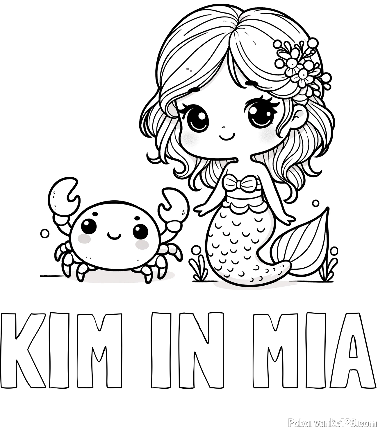 Pobarvanka imena KIM IN MIA in pobarvanka ljubke morske deklice in veselega raka