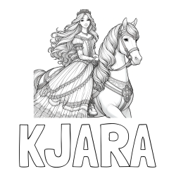 Online izdelana pobarvanka - Pobarvanka imena KJARA in pobarvanka nasmejana princese na konju