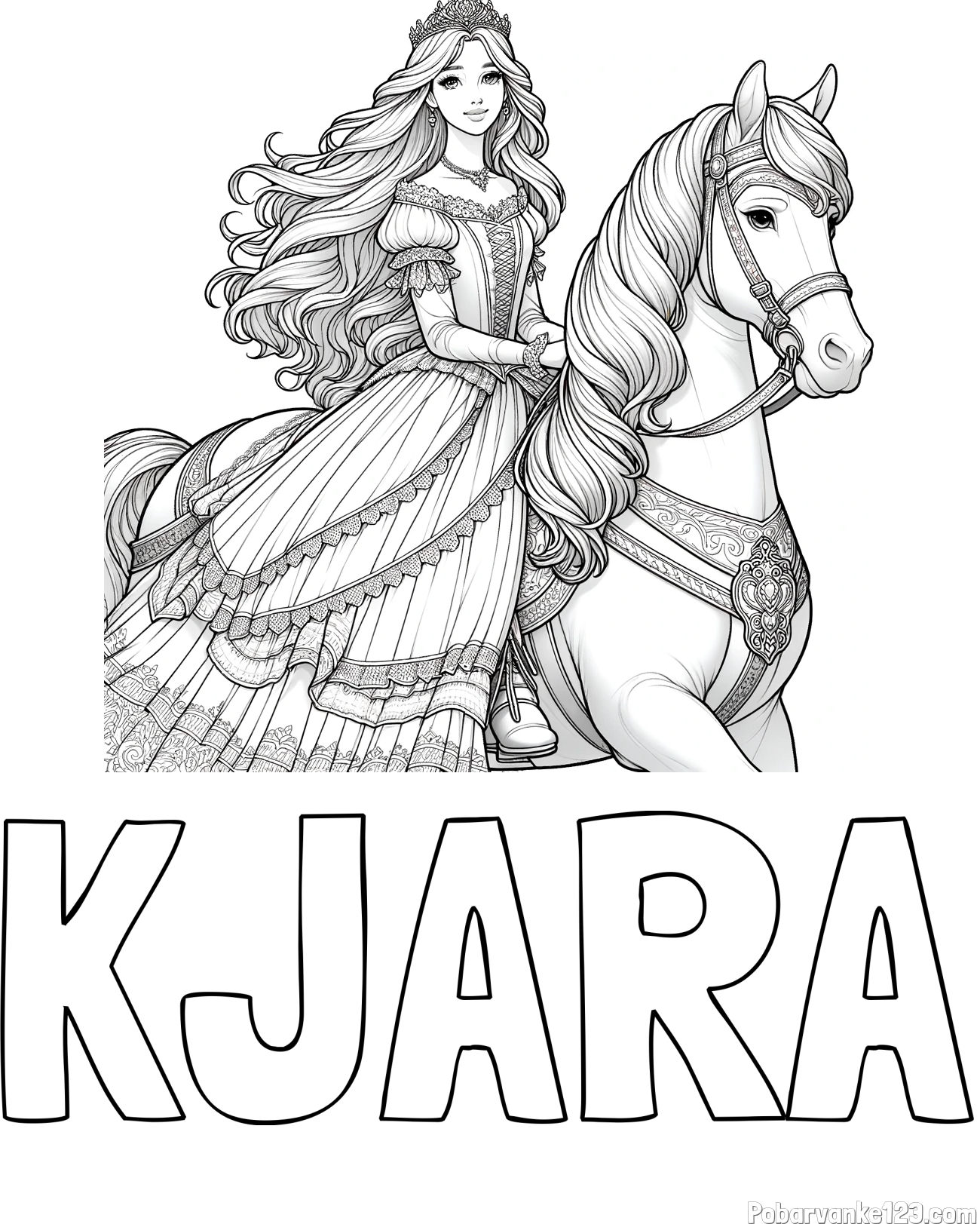 Pobarvanka imena KJARA in pobarvanka nasmejana princese na konju