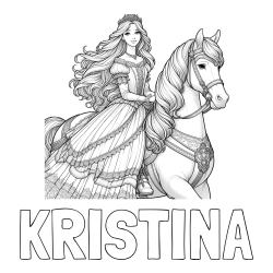 Online izdelana pobarvanka - Pobarvanka imena KRISTINA in pobarvanka nasmejana princese na konju