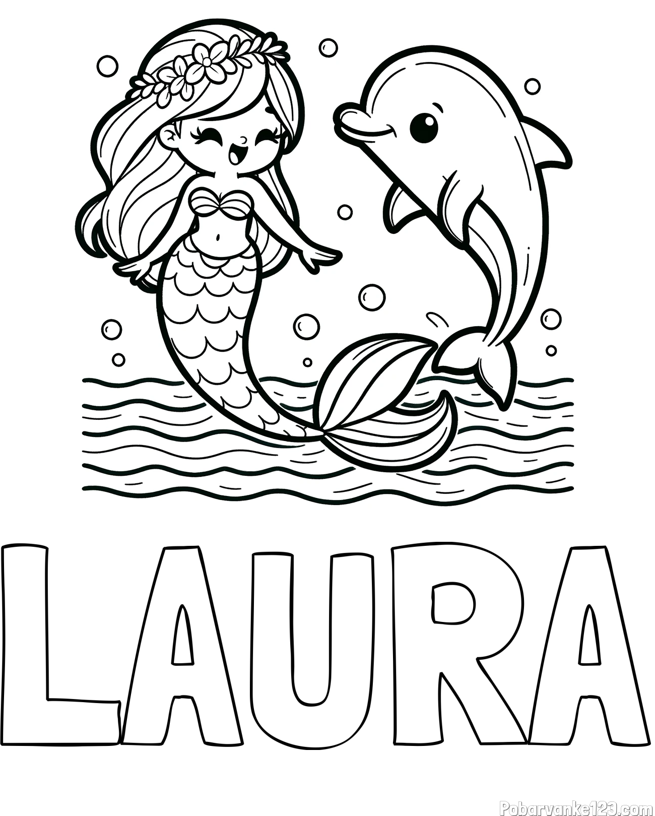 Pobarvanka imena LAURA in pobarvanka ljubke morske deklice, ki pleše z delfinom
