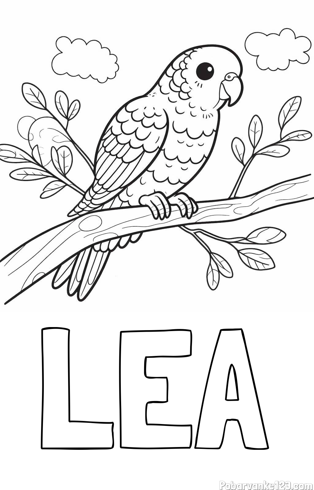 Pobarvanka imena LEA in pobarvanka ljubkega kanarčka na veji