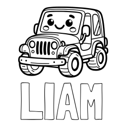 Online izdelana pobarvanka - Pobarvanka imena LIAM in otroška pobarvanka ljubkega džipa