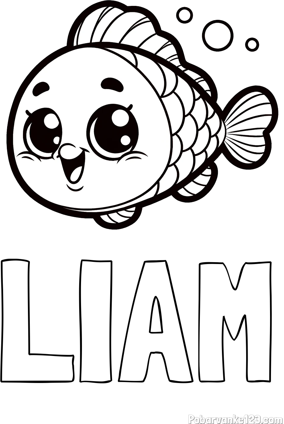 Pobarvanka imena LIAM in otroška pobarvanka nasmejane ribe