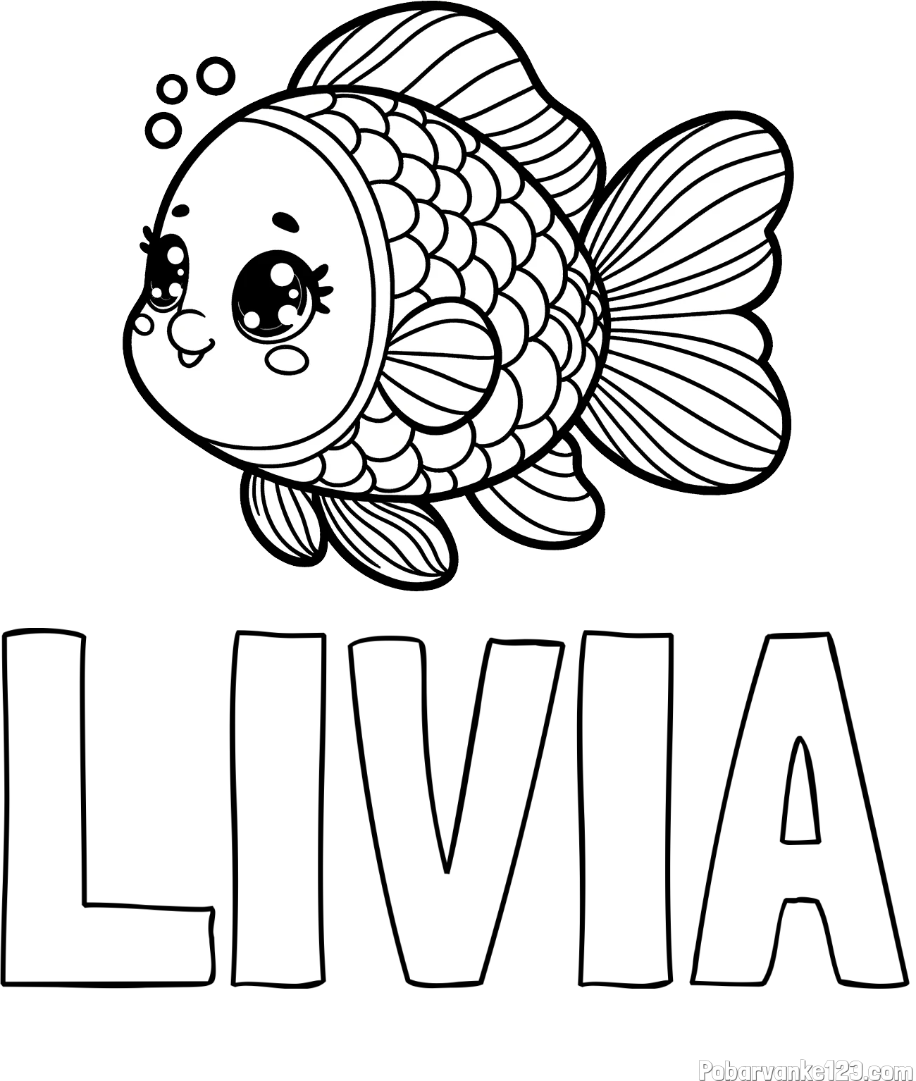 Pobarvanka imena LIVIA in pobarvanka ribe z bujnimi plavutmi