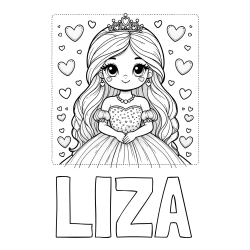 Online izdelana pobarvanka - Pobarvanka imena LIZA in pobarvanka ljubke princese obdane s srčki