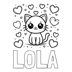 Pobarvanka imena LOLA in pobarvanka ljubke mucke obdane z veliko srčki