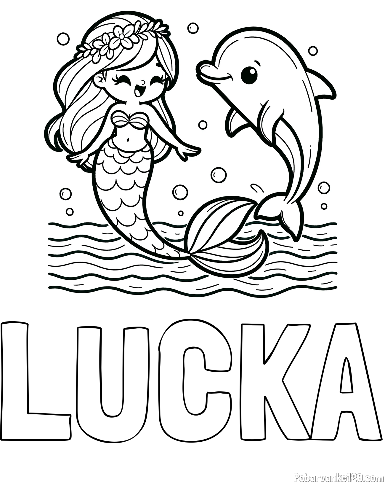 Pobarvanka imena LUČKA in pobarvanka ljubke morske deklice, ki pleše z delfinom