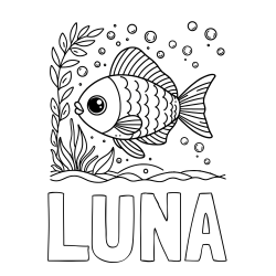 Pobarvanka imena LUNA in otroška pobarvanka ljubke ribe