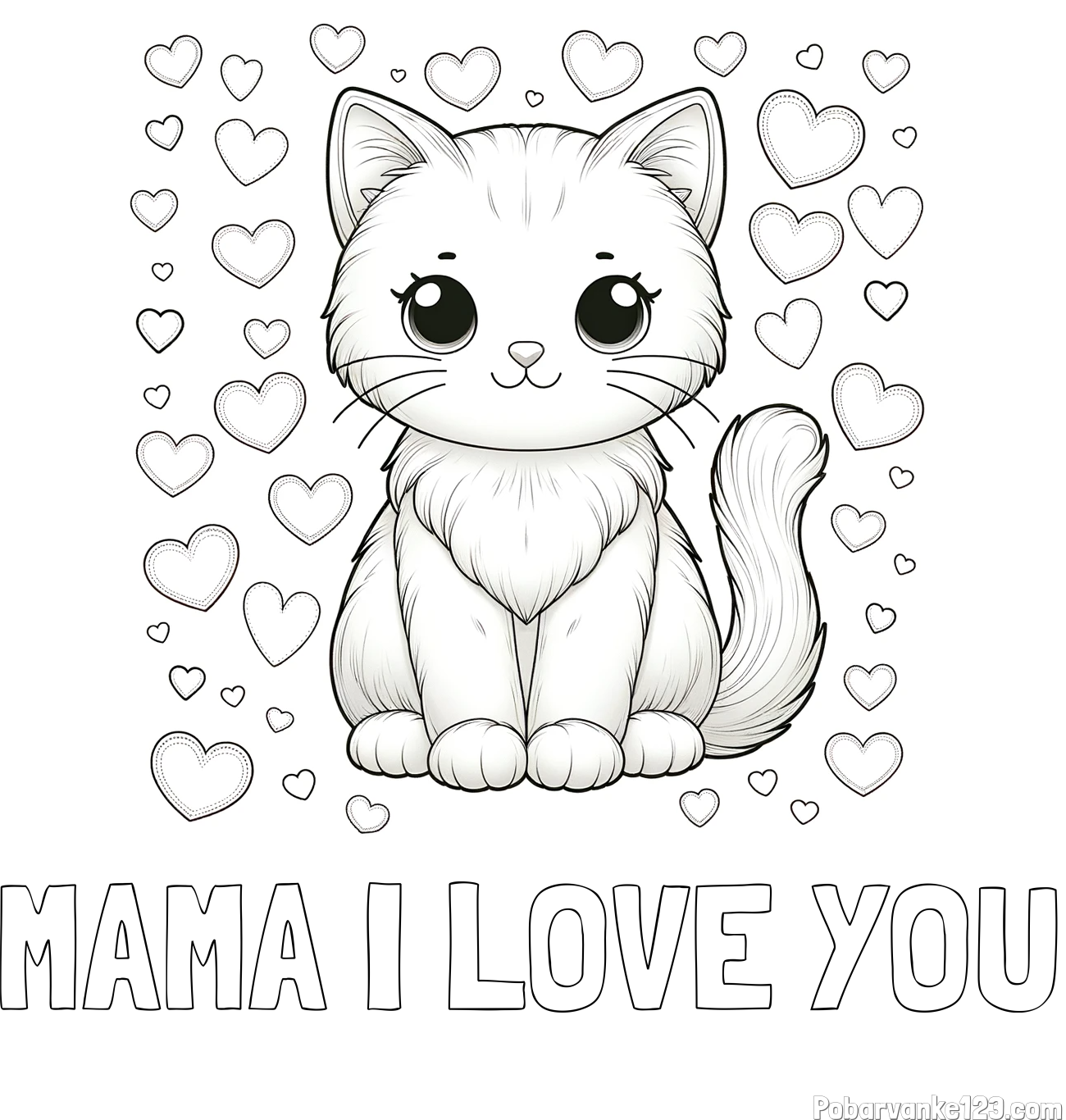 Pobarvanka imena MAMA I LOVE YOU in pobarvanka ljubke mucke obdane s srčki