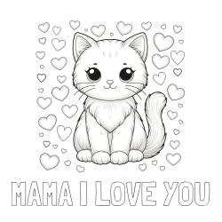 Online izdelana pobarvanka - Pobarvanka imena MAMA I LOVE YOU in pobarvanka ljubke mucke obdane s srčki