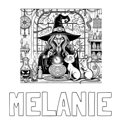 Online izdelana pobarvanka - Pobarvanka imena MELANIE in pobarvanka zlobne čarovnice, muce in miške