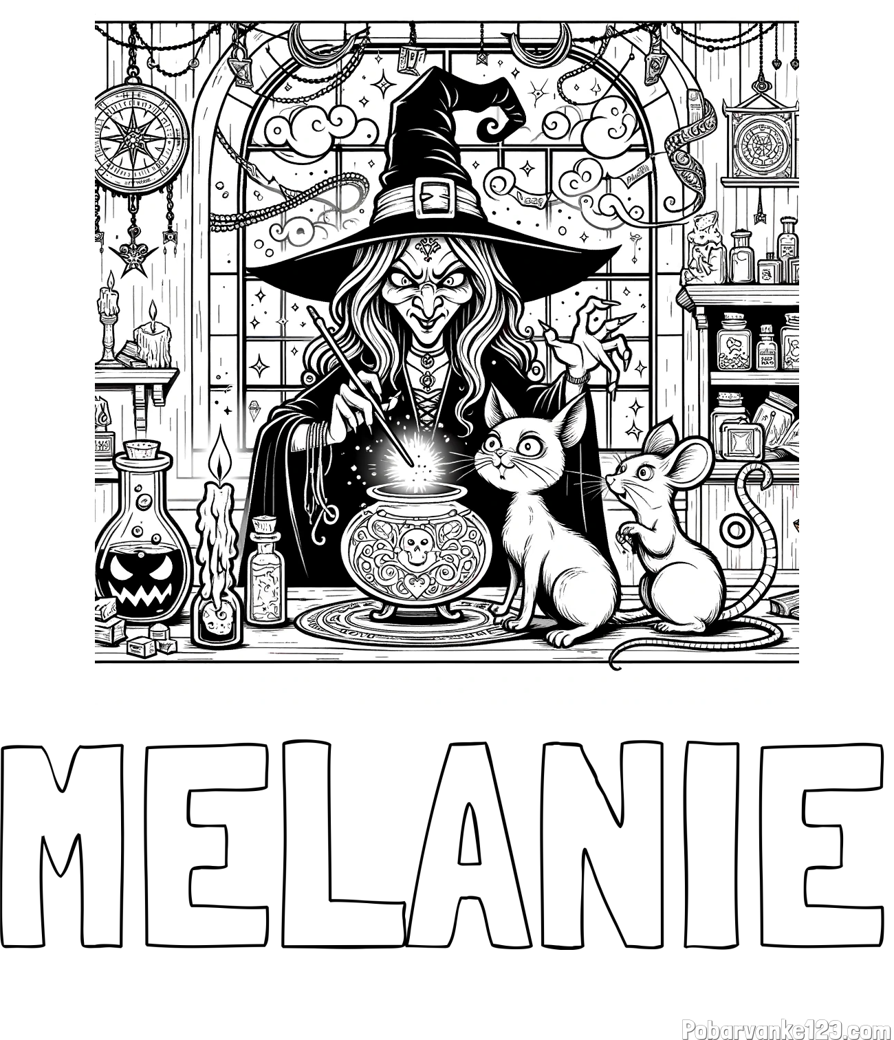 Pobarvanka imena MELANIE in pobarvanka zlobne čarovnice, muce in miške