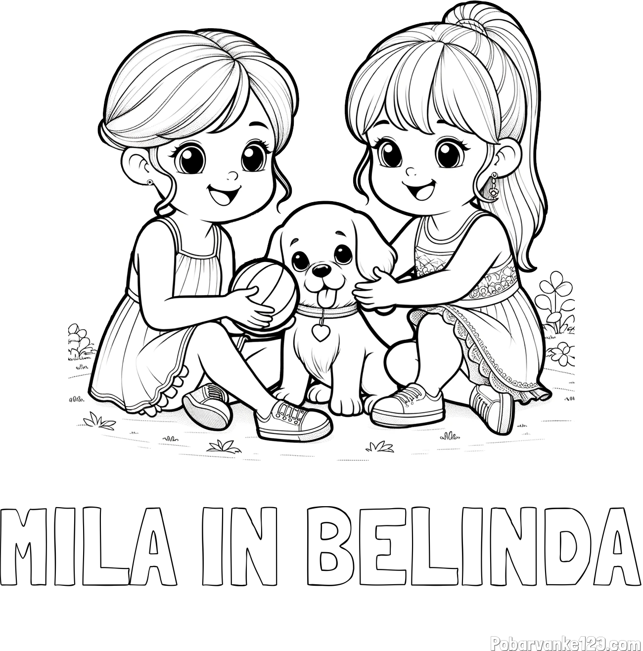 Pobarvanka imena MILA IN BELINDA in pobarvanka prijateljic s kužkom
