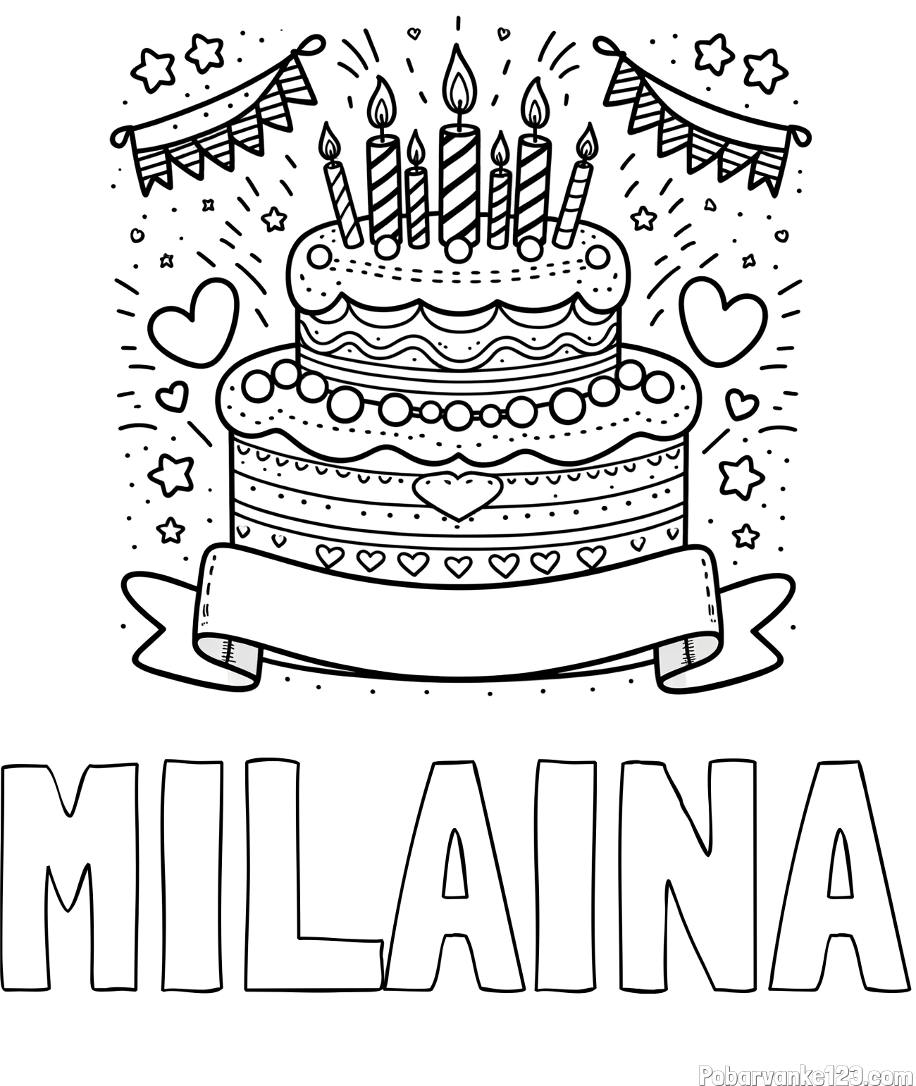 Pobarvanka imena MILAINA in pobarvanka velike torte za rojstni dan