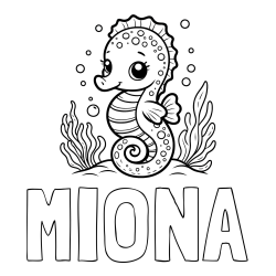 Online izdelana pobarvanka - Pobarvanka imena MIONA in pobarvanka morskega konjička