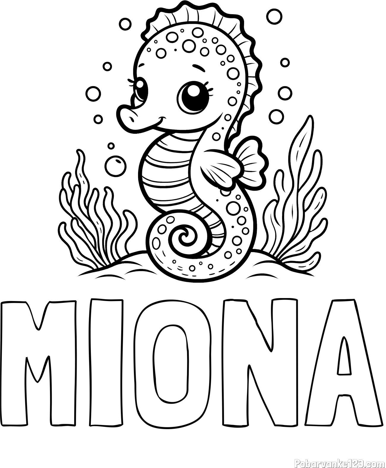 Pobarvanka imena MIONA in pobarvanka morskega konjička