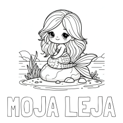 Online izdelana pobarvanka - Pobarvanka imena MOJA LEJA in pobarvanka prikupne morske deklice, ki sedi na kamnu ob obali