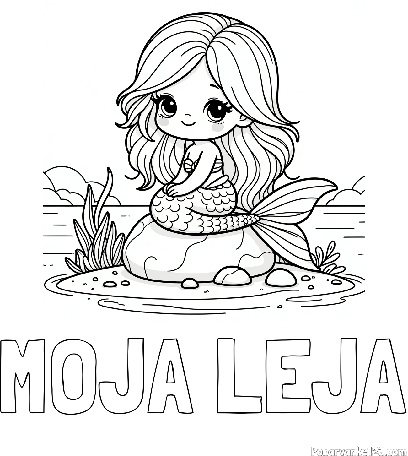 Pobarvanka imena MOJA LEJA in pobarvanka prikupne morske deklice, ki sedi na kamnu ob obali