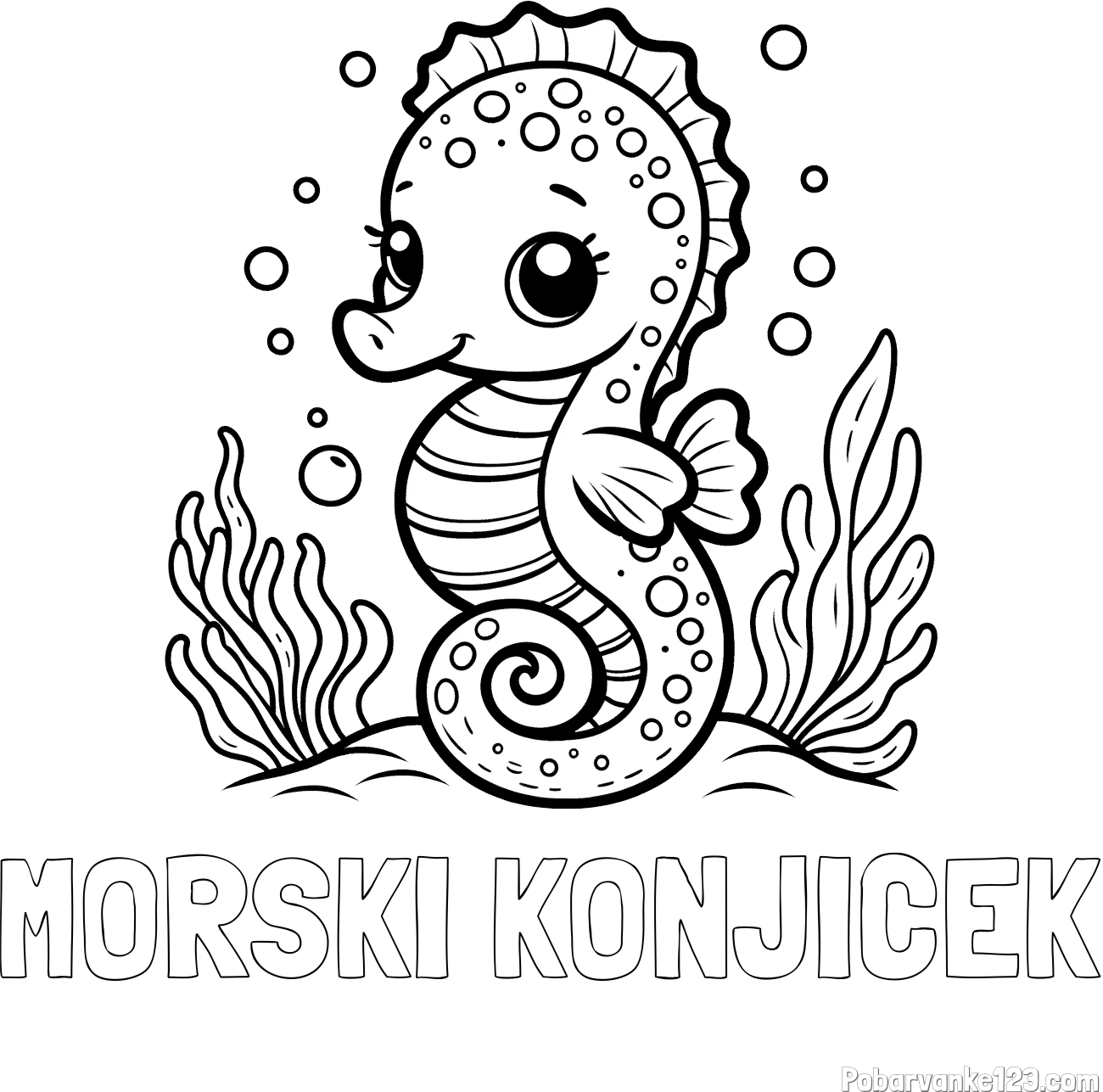 Pobarvanka imena MORSKI KONJIČEK in pobarvanka morskega konjička