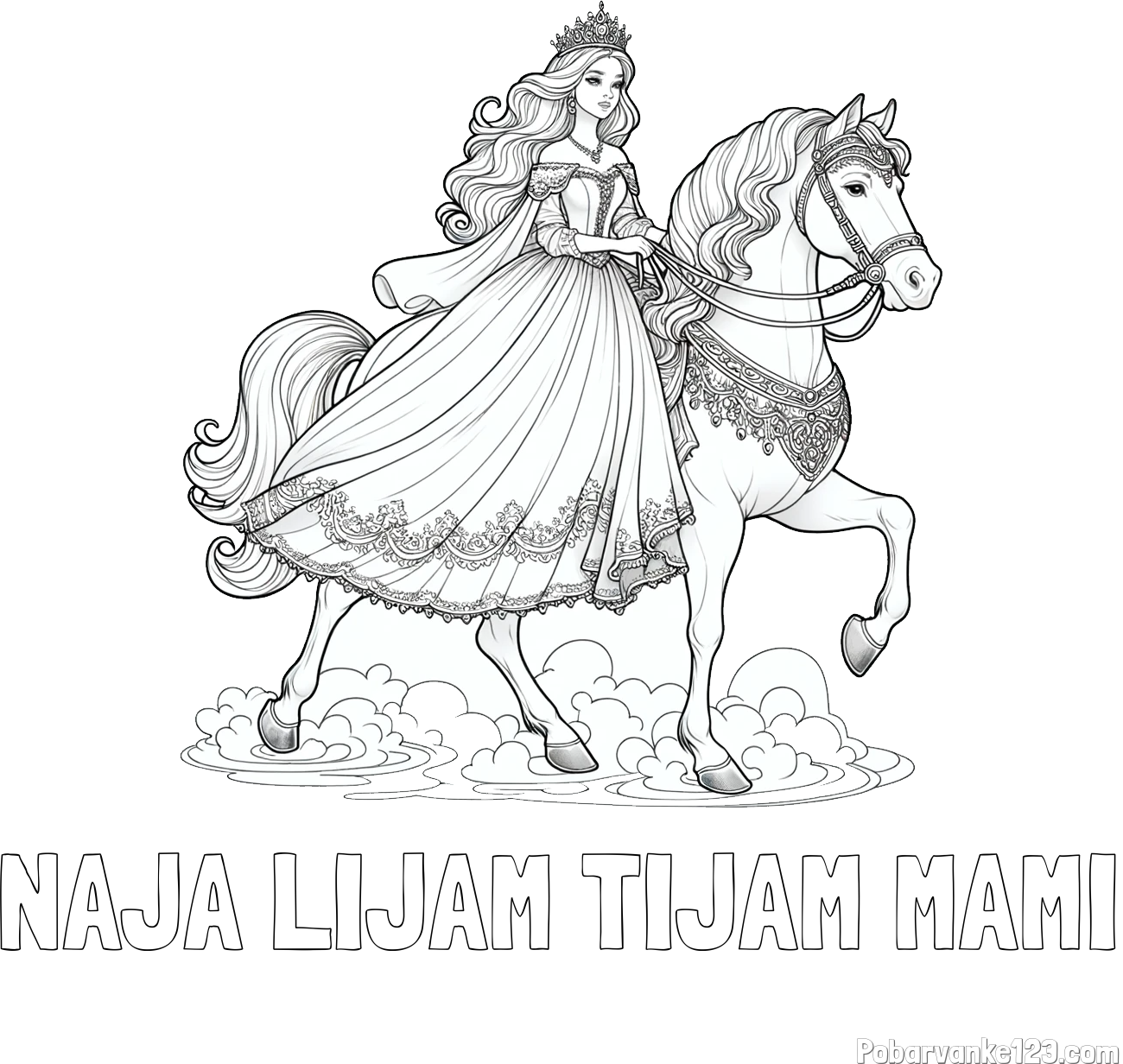 Pobarvanka imena NAJA LIJAM TIJAM MAMI in pobarvanka princese na konju