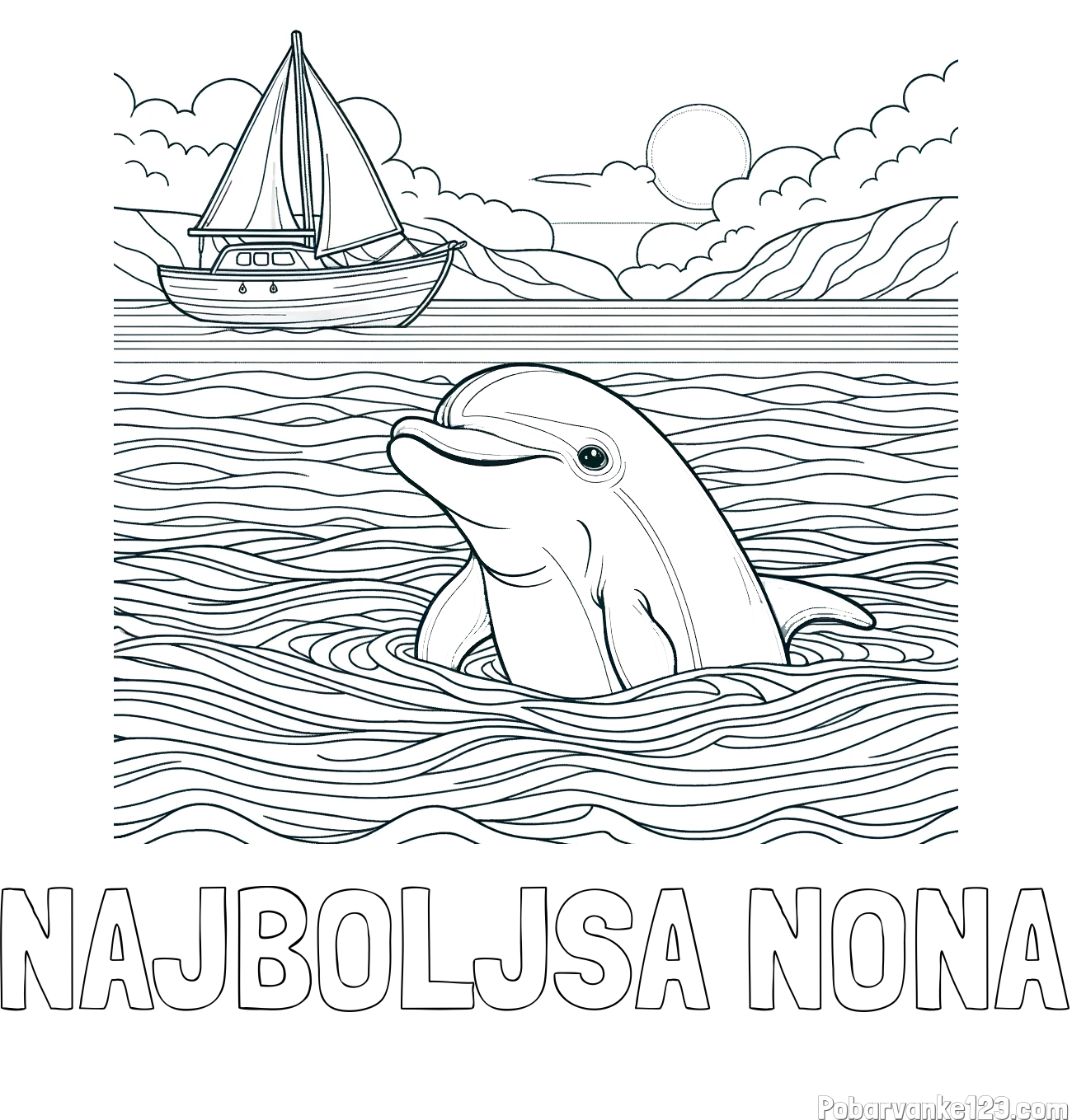Pobarvanka imena NAJBOLJŠA NONA in pobarvanka delfina v morju ter jadrnice