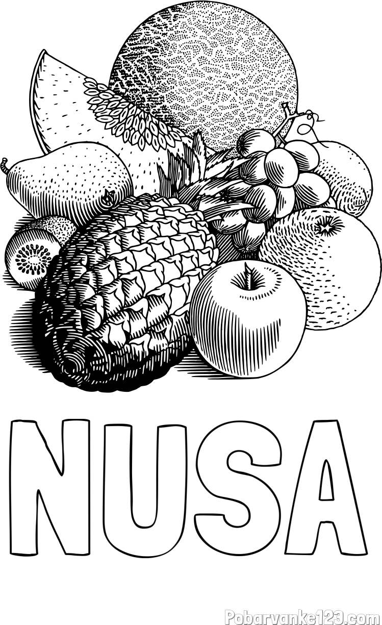 Pobarvanka imena NUSA in pobarvanka sadja (ananas, melona, jabolka, kivi, grozdje, pomaranča...)