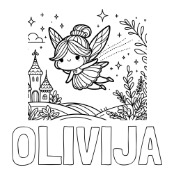 Online izdelana pobarvanka - Pobarvanka imena OLIVIJA in pobarvanka čarobne vile, ki leti nad pravljično pokrajino