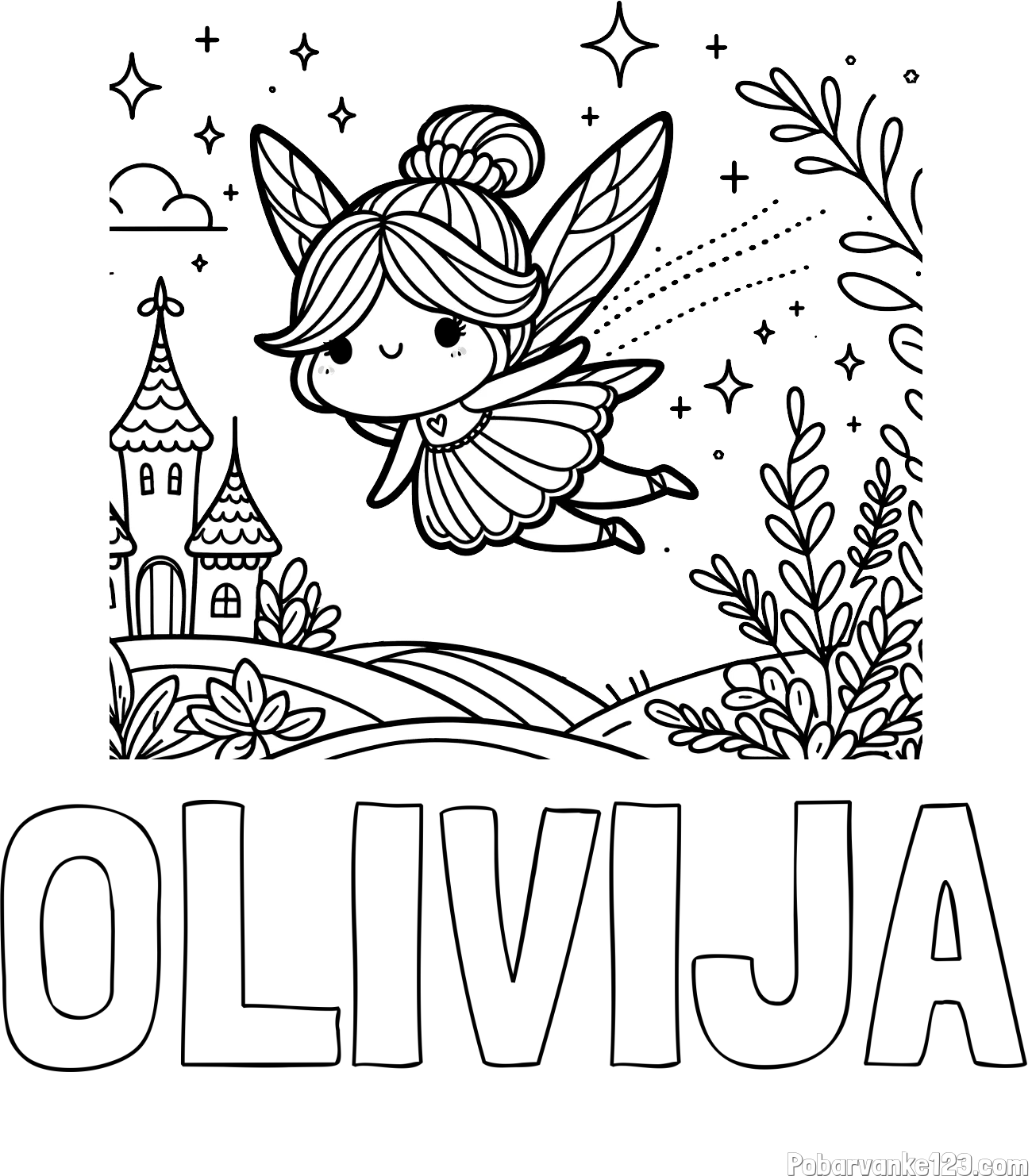 Pobarvanka imena OLIVIJA in pobarvanka čarobne vile, ki leti nad pravljično pokrajino