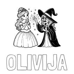 Online izdelana pobarvanka - Pobarvanka imena OLIVIJA in pobarvanka zlobne čarovnice, ki poskuša začarati princesko