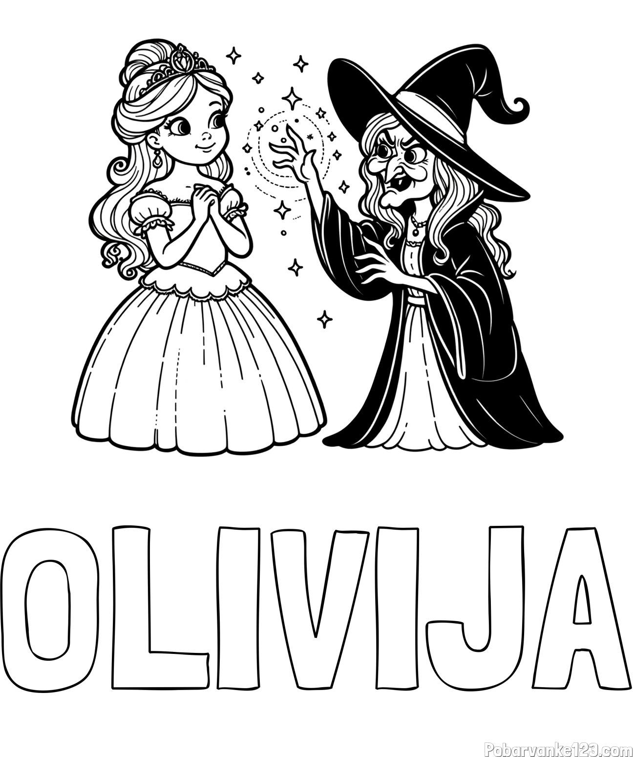 Pobarvanka imena OLIVIJA in pobarvanka zlobne čarovnice, ki poskuša začarati princesko