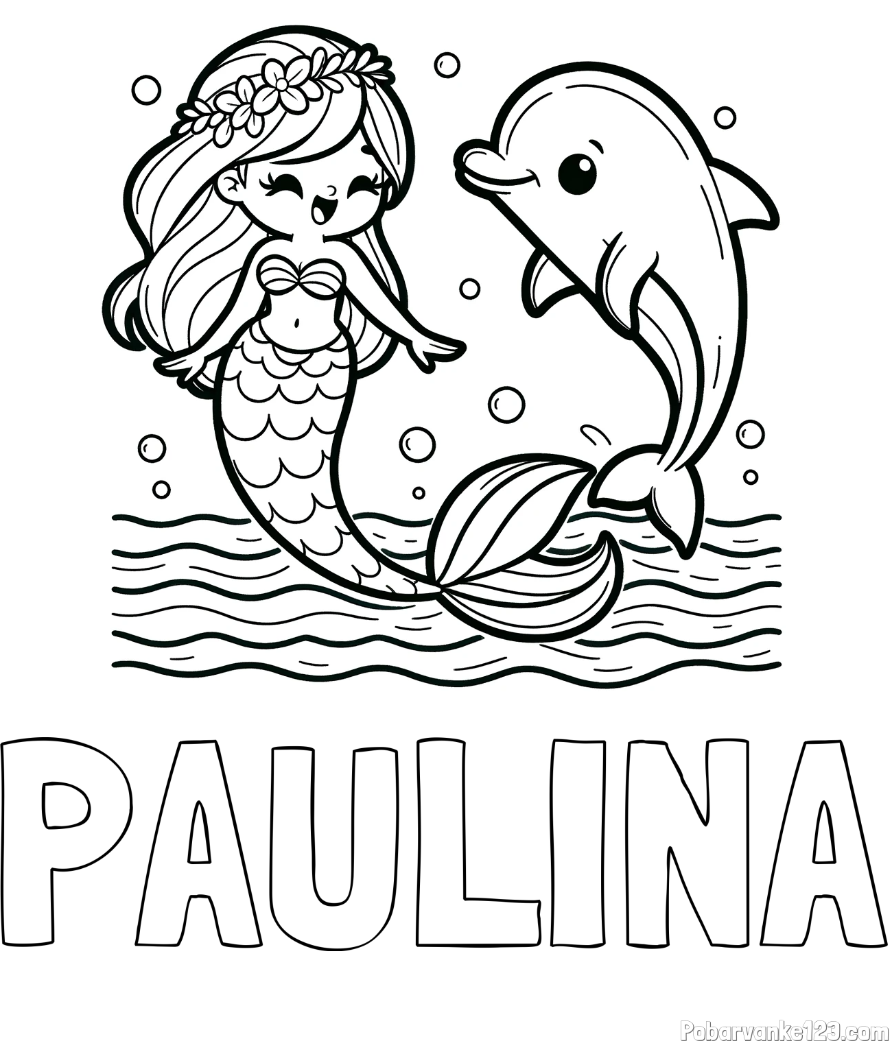 Pobarvanka imena PAULINA in pobarvanka ljubke morske deklice, ki pleše z delfinom